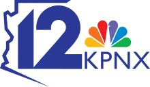 The logo of parent station KPNX. At left, a sans serif 12 partially encased in an outline of the state of Arizona. At right, the NBC peacock and the letters KPNX in a sans serif.