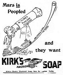 Rysunek czarno-biały. Postać spogląda przez teleskop. Hasło reklamowe: Mars is peopled and they want Kirk's soap.