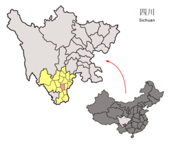 Location of Puge County (red) within Liangshan Prefecture (yellow) and Sichuan