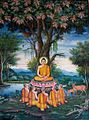 Imagem que ilustra Sidarta Gautama passando suas palavras a seus seguidores, após ter atingido o Nirvana, à sombra de uma figueira.