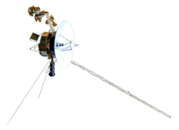 Mô hình thiết kế tàu vũ trụ Voyager, một tàu vũ trụ thân nhỏ với đĩa lớn ở giữa và nhiều cánh tay cũng như ăngten kéo dài từ nó