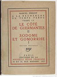 Capa da edição original da Gallimard, de 1921: Le côté de Guermantes (II) e Sodome et Gomorrhe (I).