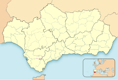 Mapa konturowa Andaluzji, blisko centrum na dole znajduje się punkt z opisem „Salares”