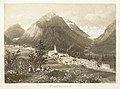 Pontresina um 1870, rechts das Val Roseg mit dem Roseggletscher. Radierung von Heinrich Müller