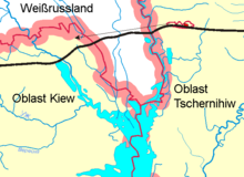 Eksklaven Slavutytj (markeret med rødt foroven til højre) i Tjernihiv rajon (en del af Tjernihiv oblast) og Kyiv oblast til venstre