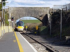 An InterCity train arriving at Manulla Junction station, heading for Westport, 13 April 2016