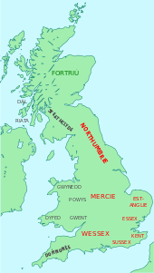 Carte de la Grande-Bretagne avec écrit en rouge les royaumes anglais vers l'an 800