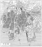 1930年ごろの広島市。京橋川最下流の橋が御幸橋。