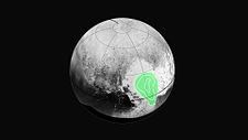 Carbon monoxide ice on Pluto (green) is concentrated in Sputnik Planitia. (14 July 2015).