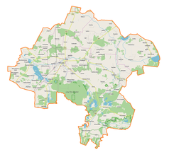 Mapa konturowa powiatu parczewskiego, blisko centrum na lewo znajduje się punkt z opisem „Parczew”