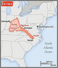 Carte représentant la superficie comparative de l'Érythrée en rouge et des États-Unis avec des villes érythréennes et américaines pour comparer les distances.