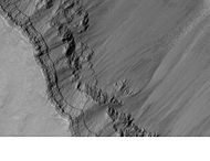 Layers in the canyon wall in Coprates quadrangle, as seen by Mars Global Surveyor, under MOC Public Targeting Program.