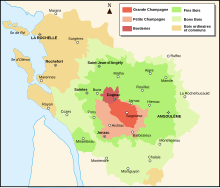 Carte des différentes zones de production du Cognac et du Pineau dans les deux Charentes : Royan est en bois ordinaires et communs