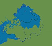 Llac Làdoga com a part del llac Ancylus (entre 9300 i 9200 anys BP). La línia verd fosc marca la costa sud del llac Ladoga durant l’etapa de Yoldia de la conca del Bàltic.