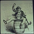 Cartone animato politico americano intitolato Il solito modo irlandese di fare le cose , raffigurante un irlandese ubriaco che accende un barilotto di polvere e fa oscillare una bottiglia. Pubblicato su Harper's Weekly, 1871.