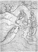 Brush drawing on paper of a great fish offering the treasures of the deep to Guru Nanak, from a Janamsakhi series.jpg