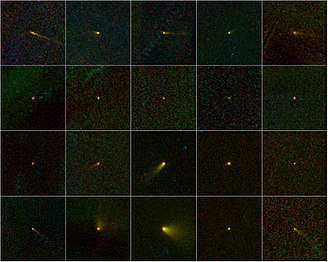 Mozaic de 20 de comete descoperite de telescopul spațial WISE
