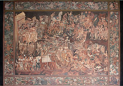 Fitorja dhe shenjtërimi i Sinhala-s, Albert Hall Museum, Jaipur, Indi. Riprodhim i një pikture nga Shp. Ajanta.