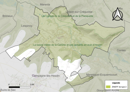 Carte des ZNIEFF de type 2 sur la commune.