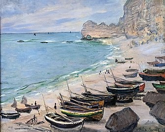 Bateaux sur la plage à Étretat par Claude Monet