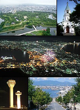 Vanaf linksboven: Goryokaku, de orthodoxe kerk, zicht vanaf Hakodate-berg, Goryōkaku Tower, de havens van Hachiman-zaka en Hakodate