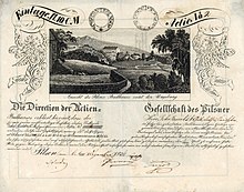 Aktie der Actien-Gesellschaft des Pilsner Badhauses über 10 Gulden C.M., ausgegeben am 6. Dezember 1834 in Pilsen. Das auf der Aktie abgebildete Kurhaus (heute Lochotín-Pavillon) mit Badebädern in beiden Flügeln und einem Gesellschaftssaal im Mittelteil, wurde auf Betreiben von Martin Kopecký errichtet, der von 1828 bis 1850 Bürgermeister von Pilsen war.