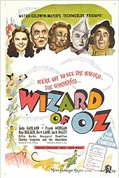 Affiche du Magicien d'Oz présentant Dorothy, le Magicien, le Lion peureux, l'Homme de fer et l'Épouvantail.