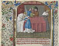Tristan mourant et embrassant Iseult, trois personnages portant ses armes de sinople au lion d'or (enluminure de Tristan de Léonois, XVe siècle, BNF).