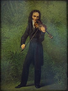 Peinture : Paganini debout devant un fond vert, joue du violon