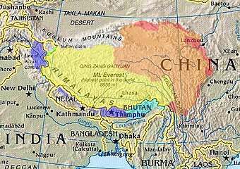 Tibet u historijskom smislu (sa označenim teritorijama koja su predmet spora)