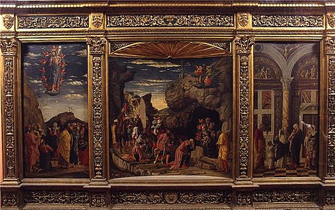 Andrea Mantegna Adorado de la Magiistoj, 86 x 162 cm.