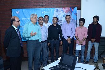 Bangladeshi author of science fiction and children's literature Dr. Muhammed Zafar Iqbal giving an opening speech to the students at Metropolitan University, Sylhet, 2014.