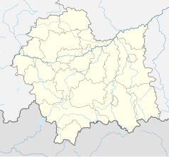 Mapa konturowa województwa małopolskiego, u góry po lewej znajduje się punkt z opisem „Jaroszowiec”