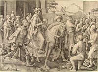 The Triumph of Mordecai label QS:Len,"The Triumph of Mordecai" label QS:Lpl,"Tryumf Mordechaja" label QS:Lnl,"De triomf van Mordechai" 1515. engraving. 21 × 29 cm (8.2 × 11.4 in). Various collections.