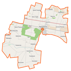 Mapa konturowa gminy Teresin, po lewej nieco na dole znajduje się punkt z opisem „Skotniki”