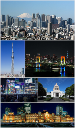 Po směru hodinových ručiček: mrakodrapy Niši-Šindžuku, hora Fudži, Rainbow Bridge, Budova japonského parlamentu, železniční stanice Tokio v Marunouči, křižovatka v Šibuje, Tokyo Skytree