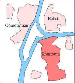 Zemljevid sotočja Belega in Modrega Nila z označeno lego treh mest
