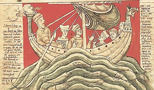Worcester chronicle - Hendrik I van Engeland aan boord van een hulk met een zijroer (vroege 12e eeuw)