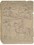 Brush drawing on paper titled 'Early intimations of Guru Nanak's divinity' depicting the story of Guru Nanak and a snake (cobra) shading him.jpg
