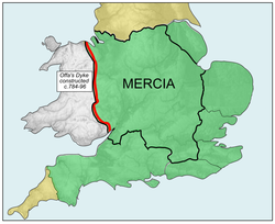 The Kingdom of Mercia (thick line) and the kingdom's extent at its greatest extent during the Mercian Supremacy (green shading)