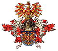 Úplný znak moravského markraběte v kresbě heraldika Huga Gerharda Ströhla. Teoretická podoba markraběcího znaku po roce 1915.