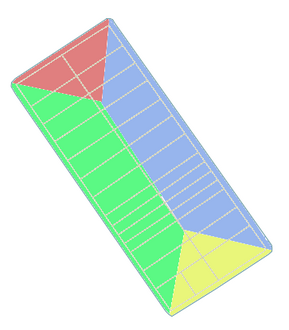 Faces of a city block and their extension into its interior. Each color is an eight-digit postal code, usually assigned to a side (odd or even numbered) of a street.