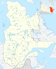 Mapa konturowa Quebecu, blisko dolnej krawiędzi po lewej znajduje się punkt z opisem „Hull”