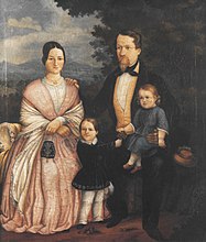Sjølvportrett av Joseph Bayer med familie i 1853. Kona held ei veske i handa.