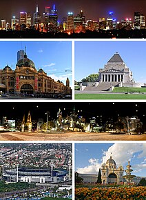 (de la stânga, sus, la dreapta, jos) Melbourne city centre, Flinders Street Station, Shrine of Remembrance, Federation Square, Melbourne Cricket Ground, Royal Exhibition Building