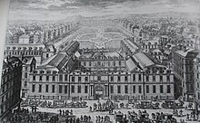Gravure représentant au premier plan un palais et au second, un jardin.