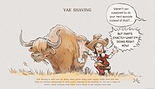 The fictional character Pepper, a girl wearing plaid and a large hat, is shaving a yak while explaining to someone offscreen that this is a productive step in her work.