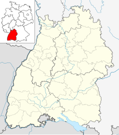 Mapa konturowa Badenii-Wirtembergii, blisko centrum u góry znajduje się punkt z opisem „Klasztor Maulbronn”