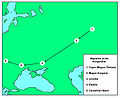 Ruta migrării istorice a ungurilor din Asia (mai precis Yugra, din estul regiunii Ural, astăzi Rusia) în Europa în Evul Mediu