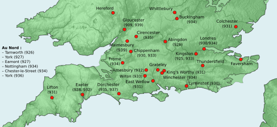 Carte du sud de l'Angleterre indiquant les lieux où est passé Æthelstan